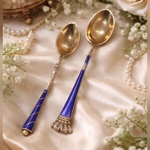Luxurious Sterling S925 Silver Gold and Blue Flatware Enamel Spoons